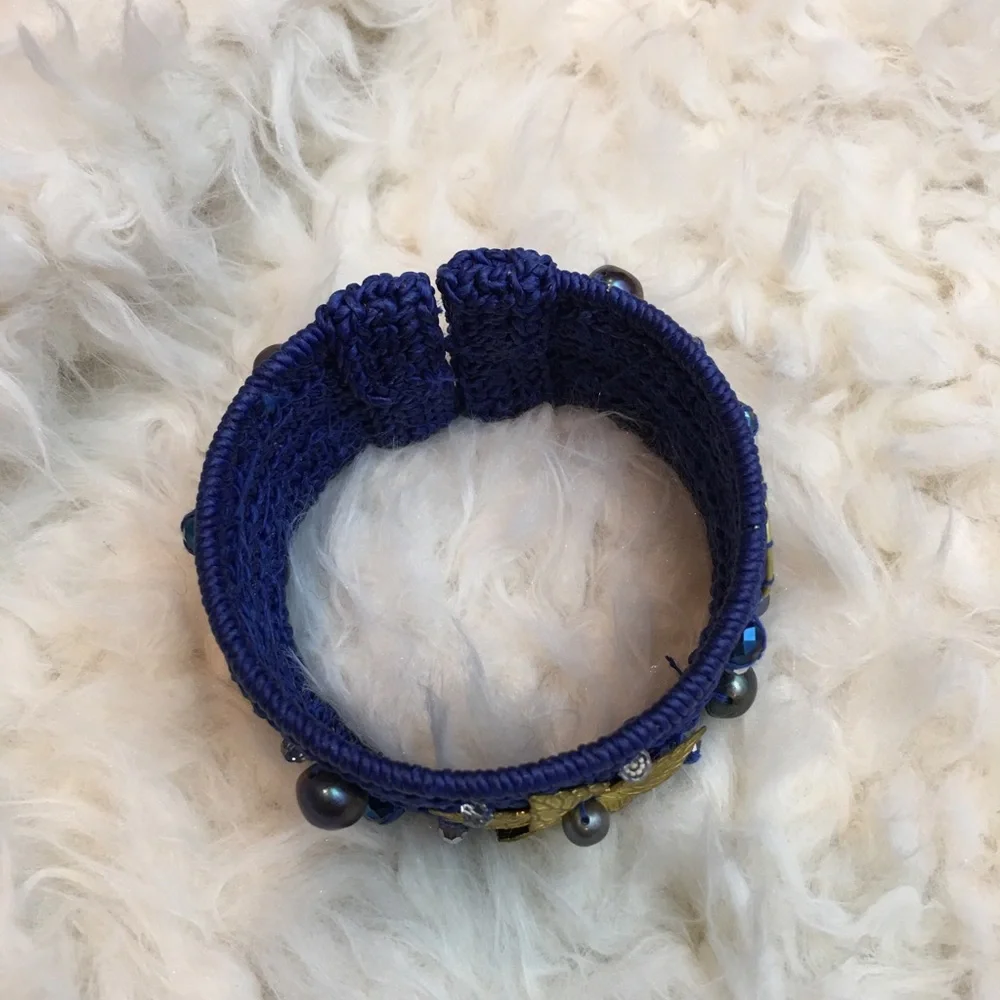 Navy Blue Flower Pearl Beaded‎ Cuff Bracelet